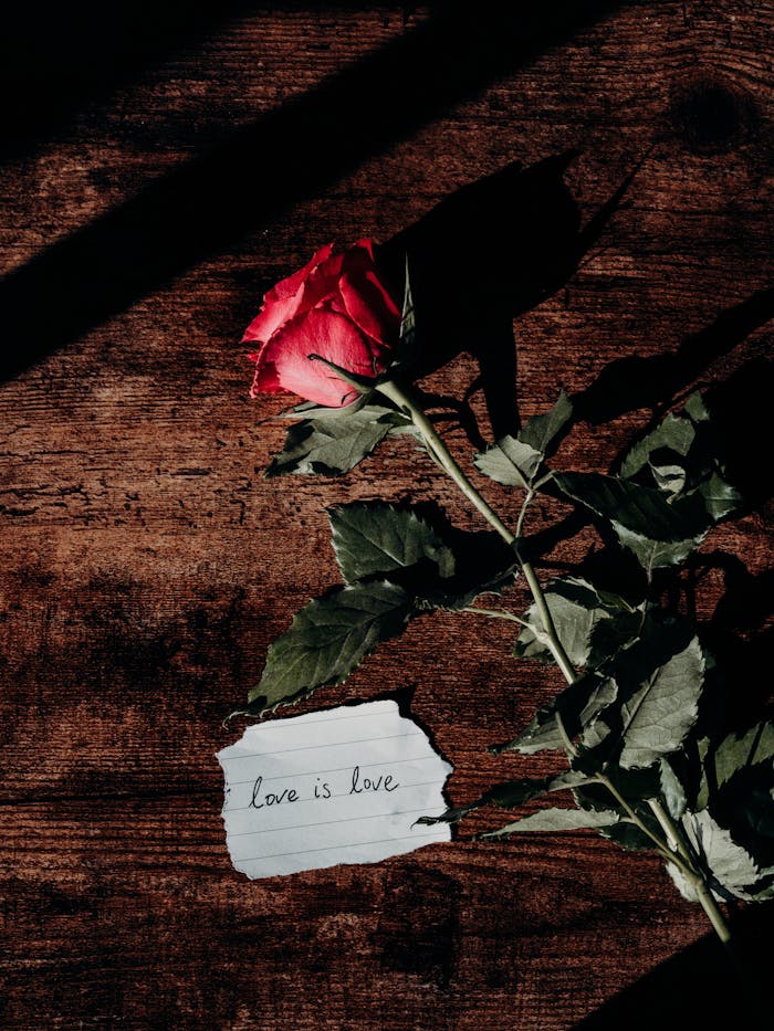 A vibrant red rose with a handwritten love note on a wooden table, symbolizing romance and affection.