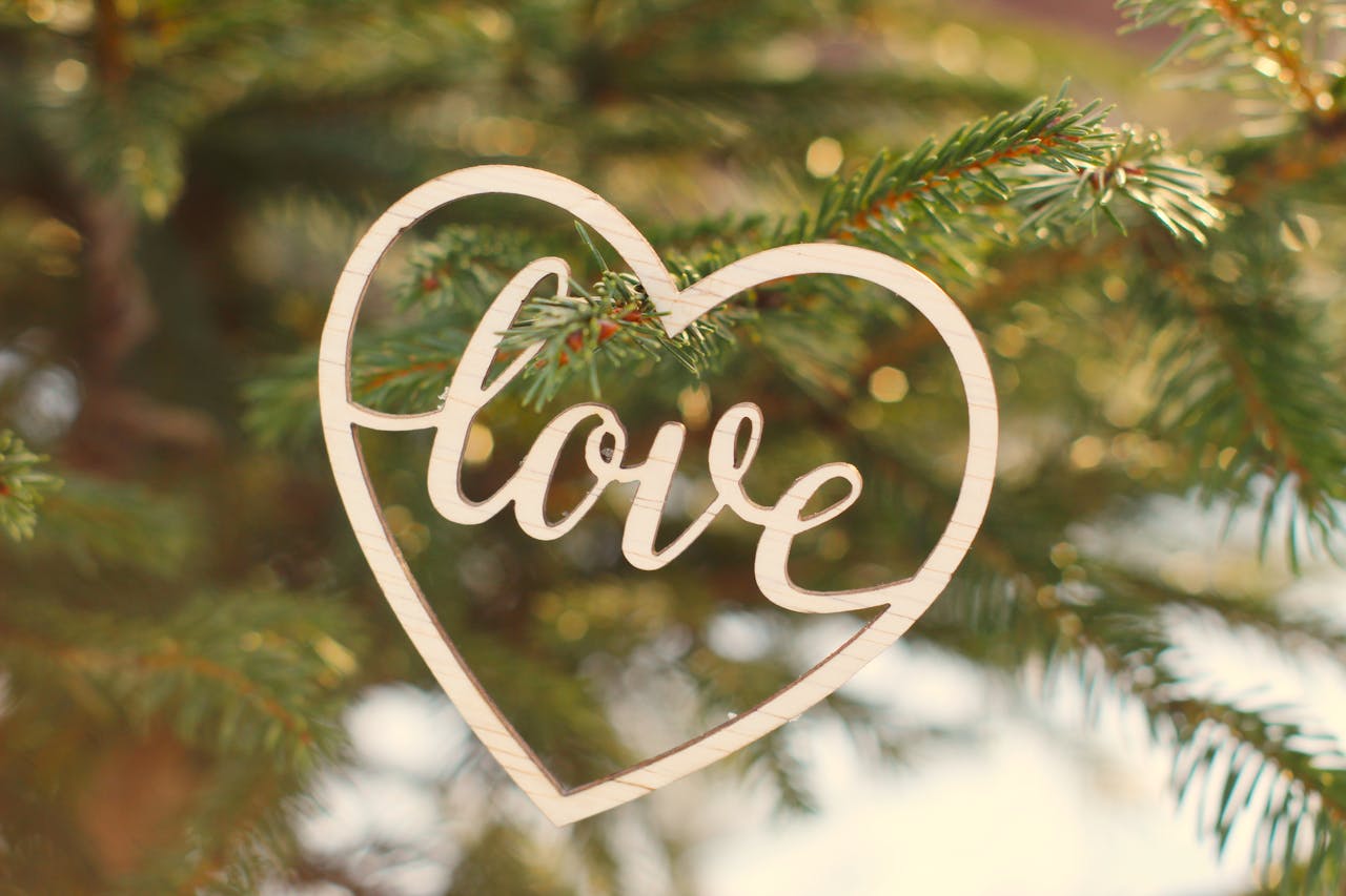 Wooden heart ornament with 'love' text on a fir tree branch, symbolizing love and nature.
