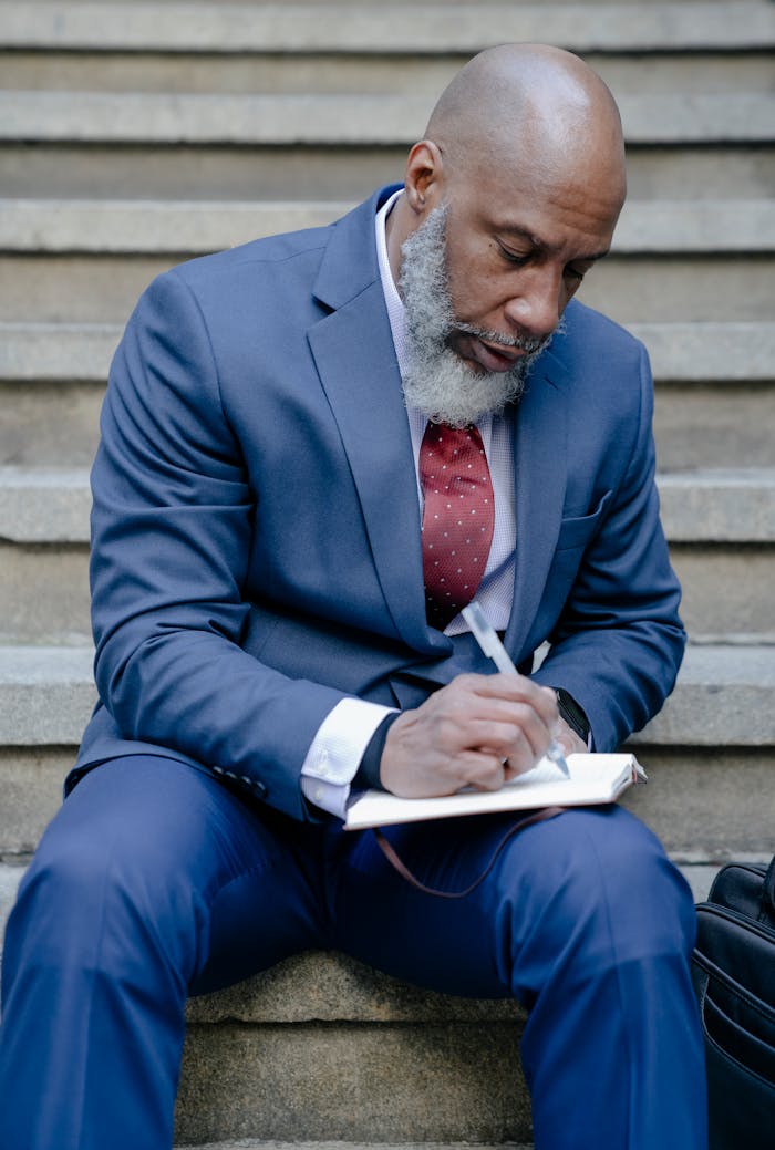 African American man writing in notebook on stairs wearing a suit, focusing on work.